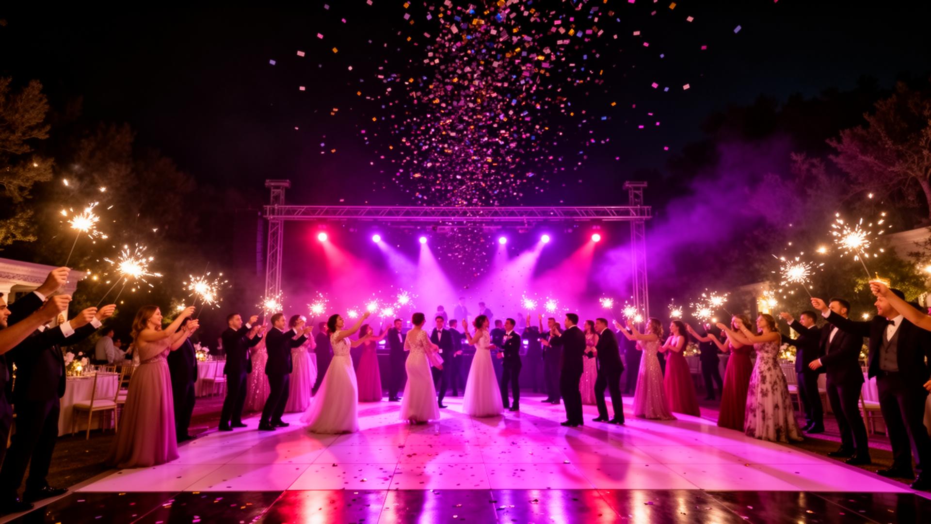 Pista de dança iluminada com sparkles e confetes num evento Pedro Costa Eventos